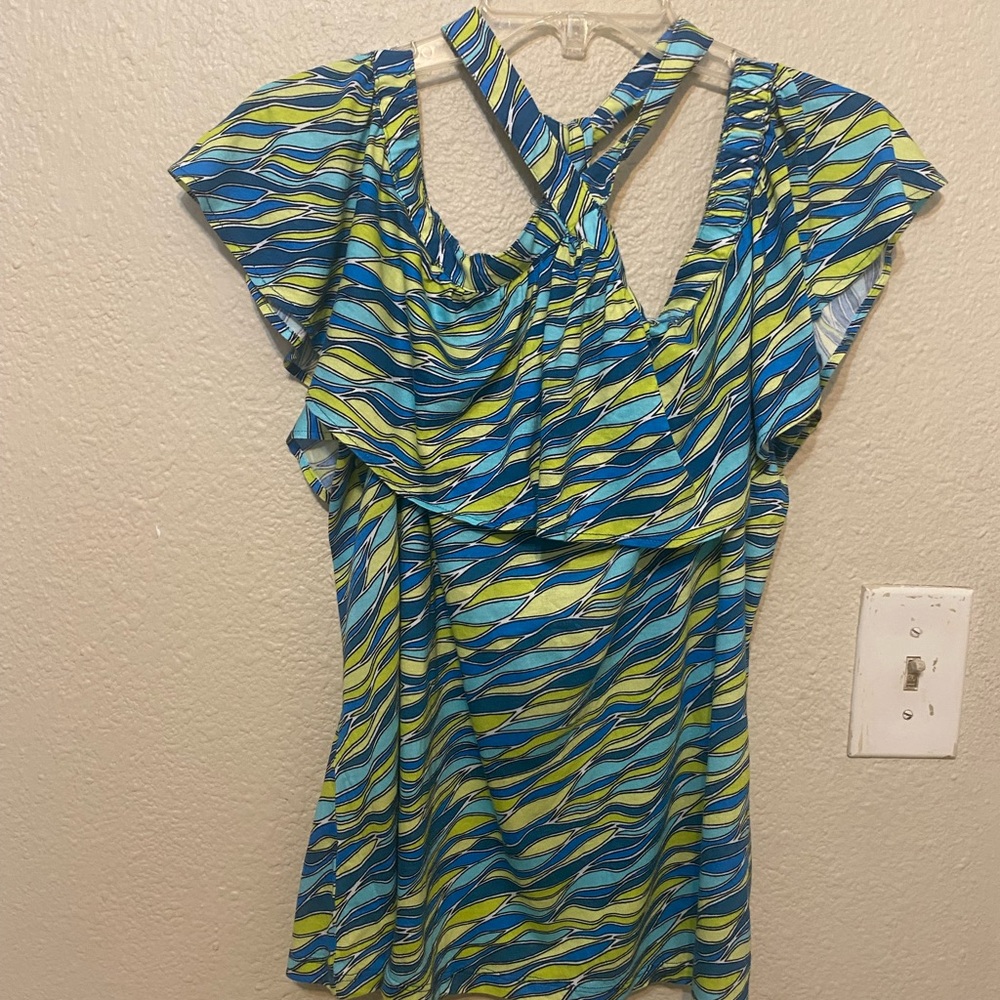 Michael Kors Vibrant Blue and Yellow Wave Pattern Blouse
